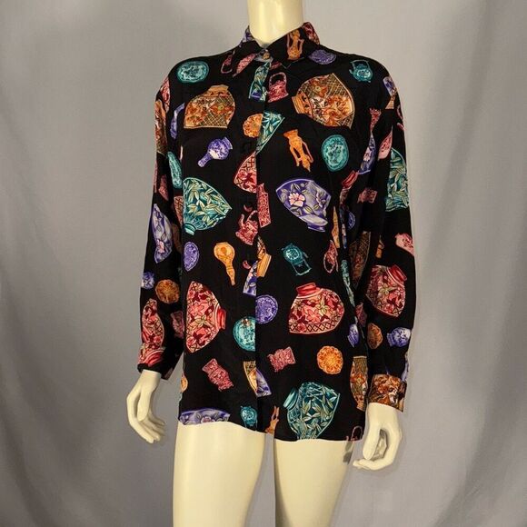 Vintage Diane Von Furstenberg Funky Print 100% Silk Button Down Shirt Small - Picture 10 of 11